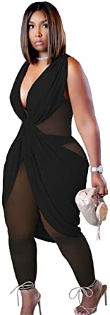 Photo 1 of YUEWOO Jumpsuits Rompers for Women Sexy Club Outfits One Piece Jumpsuit Mesh Sheer Leggings Skinny Pants Suits Plus Size ( size xl ) 