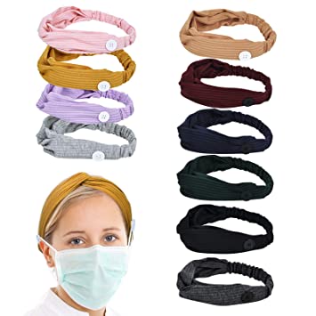 Photo 1 of 10Pcs Women Button Headbands for Face Mask, Non Slip Elastic Twisted Hair Bands with Button in 10 Colors, Cross Knotted Boho Stretchy Hair Bands for Nurse Doctor, Turban Headwrap for Workout, Yoga