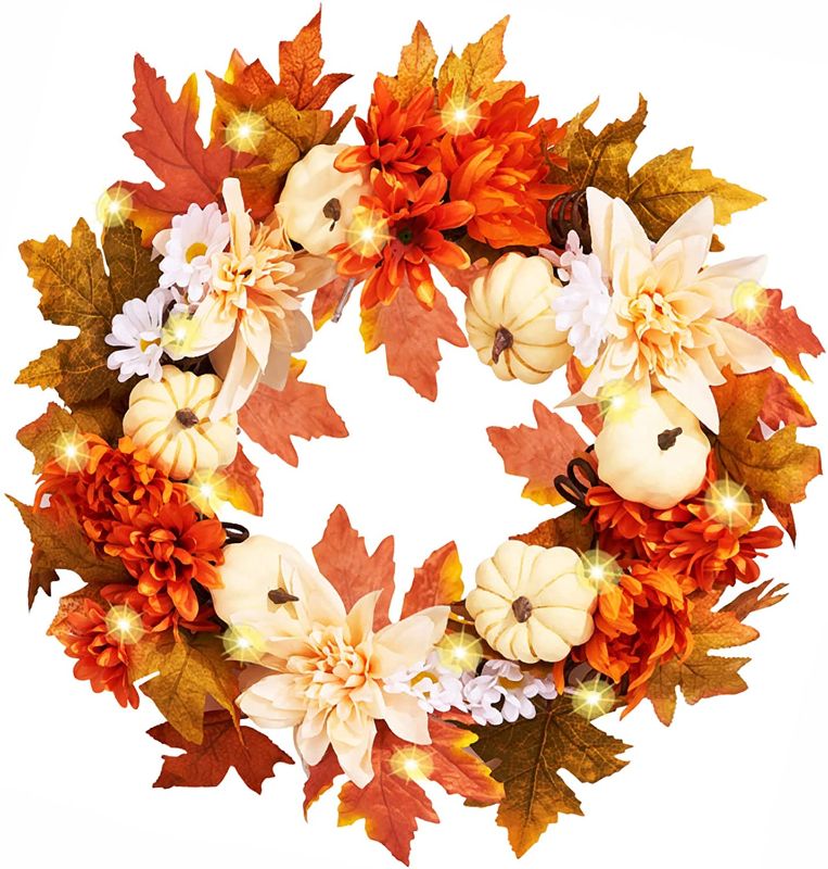 Photo 1 of Autumn Fall Wreath with 20 Lights, 19.7inch Halloween Wreath, with Pumpkin, Daisy, Chrysanthemums, Maple Leaves for Christmas Decorations Thanksgiving Gift, Fall Wreath for Halloween Decoration