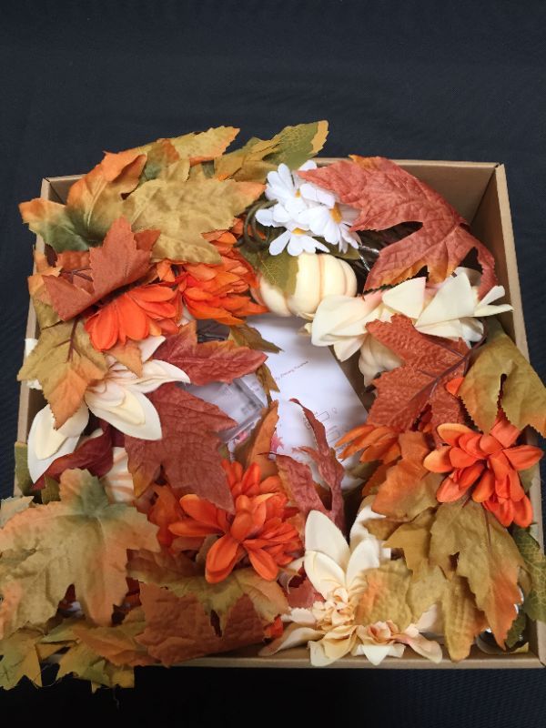 Photo 2 of Autumn Fall Wreath with 20 Lights, 19.7inch Halloween Wreath, with Pumpkin, Daisy, Chrysanthemums, Maple Leaves for Christmas Decorations Thanksgiving Gift, Fall Wreath for Halloween Decoration