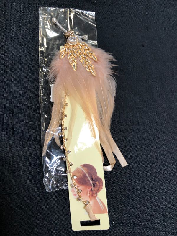 Photo 2 of BABAEYOND 1920s Women's Flapper Headband Feather Crystal Headpiece (Nude Pink)
