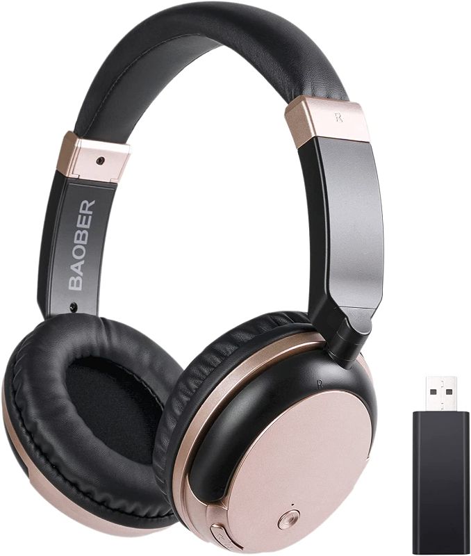 Photo 1 of BAOBER Bluetooth Wireless Over Ear Light Weight Headphone with Low Latency USB Transmitter for TV,PC,3.5mm Audio Device, Stereo Wireless Headset Built-in Microphone for Cell Phone (Rose Gold)
