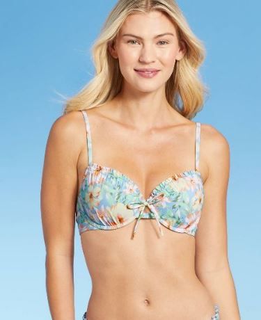 Photo 1 of Women's Lightly Lined Ruffle Detail Tie-Front Bikini Top - Shade & Shore™ Light Blue Floral, 34B

