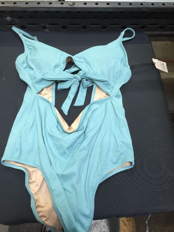 Photo 2 of Women's Ribbed Plunge Cut Out Sash-Tie One Piece Swimsuit - Shade & Shore Sea size L 