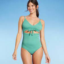 Photo 1 of Women's Ribbed Plunge Cut Out Sash-Tie One Piece Swimsuit - Shade & Shore Sea size L 