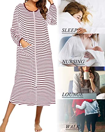 Photo 1 of SUNNYME Women Striped Nightgown Long/Short Sleeve Zip-front Housecoat Duster Soft Nightshirts with Pockets Loungewear size large 
