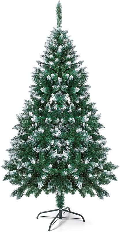 Photo 1 of Artificial Christmas Tree Xmas Pine Tree, Automatic Open, Hinged Flocked with Metal Stand for Holiday Home Party Decoration (6FT, AUTO-Green-White)
