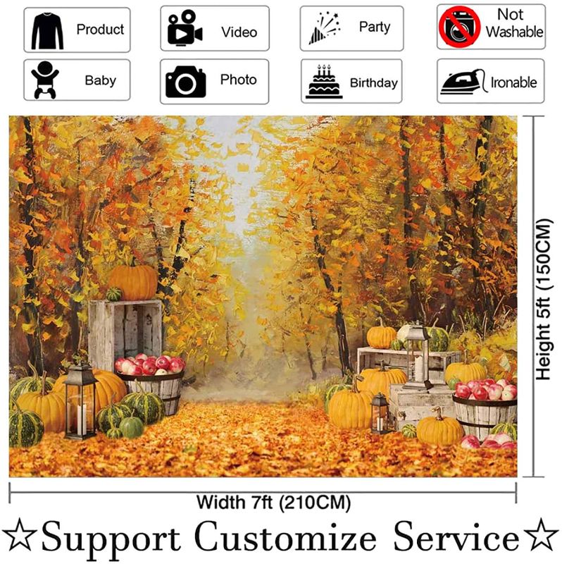 Photo 1 of Allenjoy 7x5ft Autumn Forest Scenery Photography Backdrop Thanksgiving Golden Fall Barn Pumpkin Harvest Background Watercolor Nature Maple Leaves Baby Kids Portrait Party Banner Photo Studio Props
