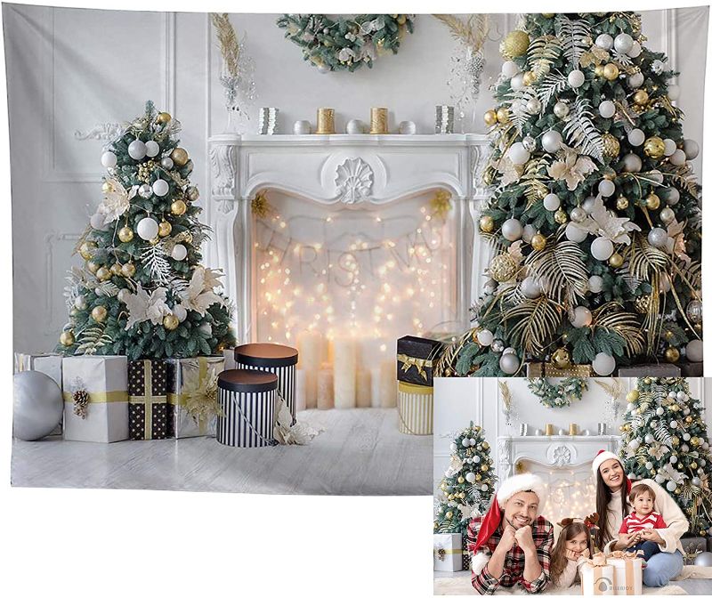 Photo 1 of Allenjoy 84" x 59" Durable Fabric Glitter Christmas Fireplace Photo Studio Backdrop Xmas Trees Gift Home Decoration Photography Background Kid Family Holiday New Year Party Supplies Banner Photo Booth
