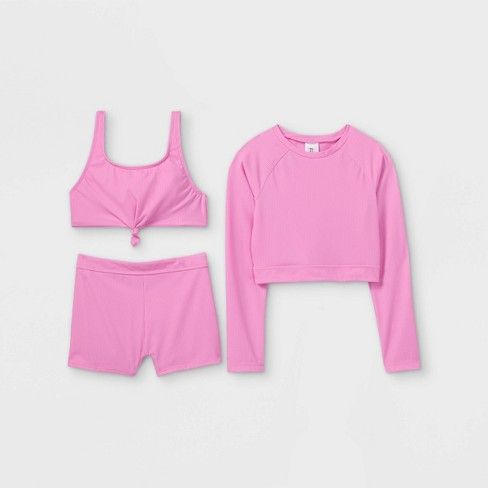 Photo 1 of Girls' 3pc Long Sleeve Ribbed Rashguard and Bikini Short Set- art class™ Pink XS