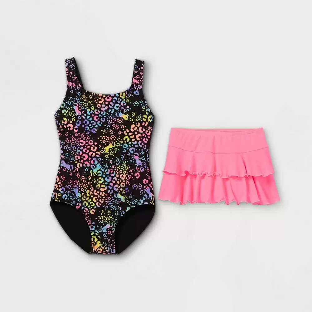 Photo 1 of Girls' Leopard Unicorn Tie-Dye Print One Piece Swimsuit Set with Ruffle Skirt - Cat & Jack™ Pink LARGE