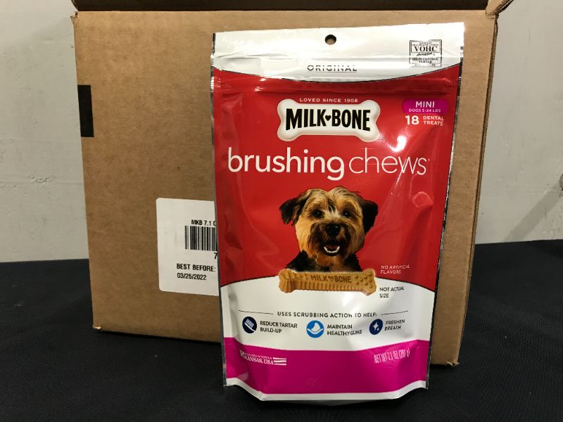 Photo 4 of 5 packs Milk-Bone Brushing Chews Daily Dental Dog Treats, Mini, 7.1 Ounces, 18 Bones Per Bag EXP--03-25-2022