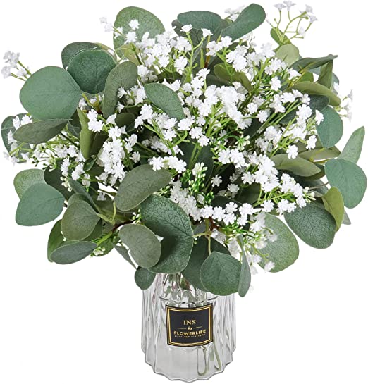 Photo 1 of 21pcs Artificial Baby Breath Eucalyptus Stems Bulk Faux Silver Dollar Eucalyptus Leaves Plant Branches Real Touch Bouquets for Floral Wedding Holiday Centerpiece Home Decor ---- VASE NOT INCLUDED 
