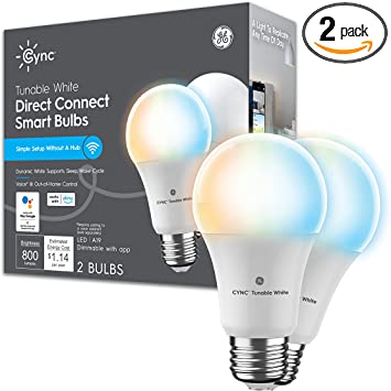 Photo 1 of GE CYNC Smart LED Light Bulbs, Tunable White, Bluetooth and Wi-Fi Enabled, Alexa and Google Assistant Compatible, Medium Base, Standard Bulb Shape, Dimmable (2 Pack), Packaging May Vary
