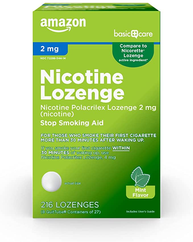 Photo 1 of Amazon Basic Care Nicotine Polacrilex Lozenge 2 mg (Nicotine), Mint Flavor, Stop Smoking Aid; Quit Smoking with Nicotine Lozenge, 216 Count --- EXP 08/2022
