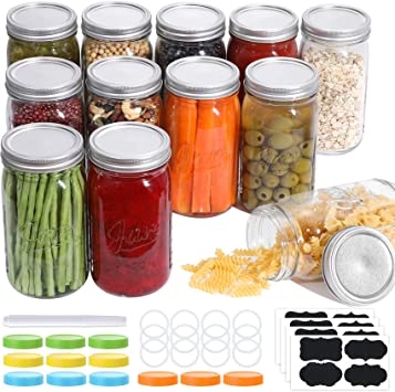 Photo 1 of 12 Pcs Wide Mouth Mason Jars 32 Oz, Large Canning Jars with Lids and Bands, Colored Plastic Jar Lids, Blank Labels and Chalk Marker, Leak-Proof Airtight Lids for Food Storage, Canning, Favors
