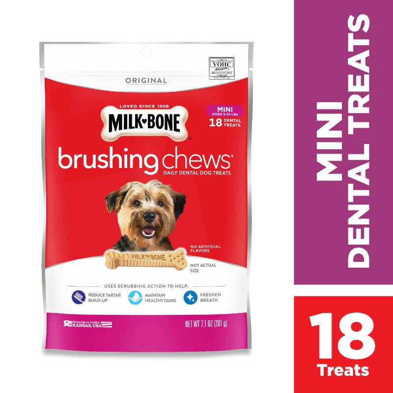 Photo 1 of 5 Packs Milk-Bone Brushing Chews Daily Dental Dog Treats, Mini, 7.1 Ounces, 18 Bones Per Bag EXP--03-25-2022