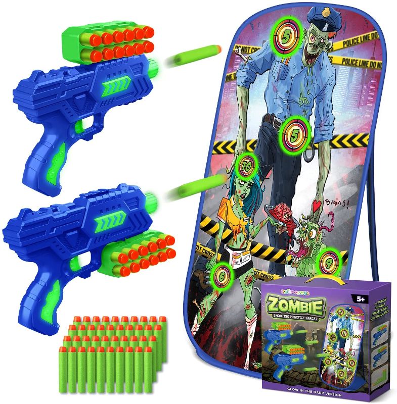 Photo 1 of Shooting Game Toys for 5 6 7 8 9 10+Years Old Boys & Girls,2 Foam Dart Toy Guns and Zombie Shooting Practice Target,Glow in The Dark,Halloween Indoor Activity Game for Kids, Compatible with Nerf Guns
