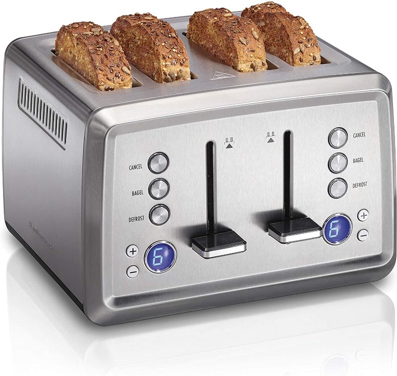 Photo 1 of Hamilton Beach 24796 Toaster with Bagel & Defrost Settings, Toast Boost, Slide-Out Crumb Tray Extra Wide Slot, 4 Slice - Digital, Stainless Steel
