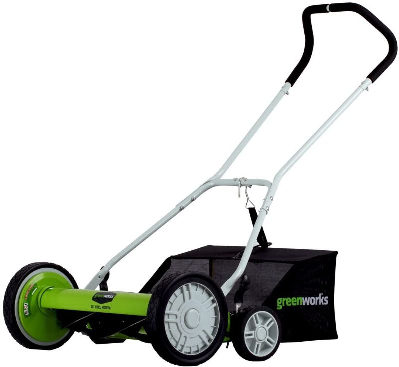 Photo 1 of Greenworks 25072 20-Inch 5-Blade Push Reel Lawn Mower with Grass Catcher
