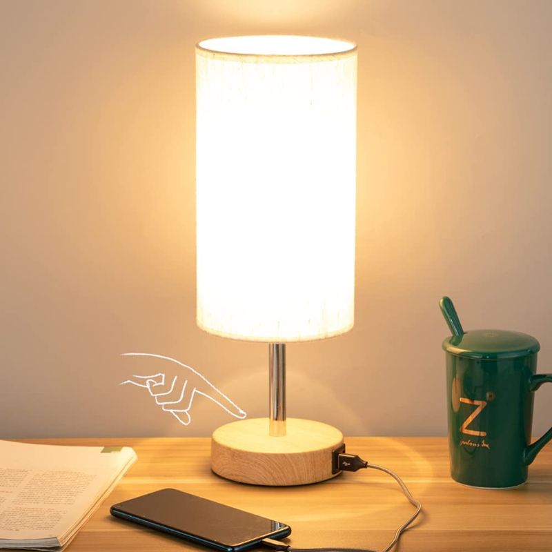 Photo 1 of Bedside Lamp with USB Port - Touch Control Table Lamp for Bedroom Wood 3 Way Dimmable Nightstand Lamp with Round Flaxen Fabric Shade for Living Room, Dorm, Home Office (LED Bulb Included)
