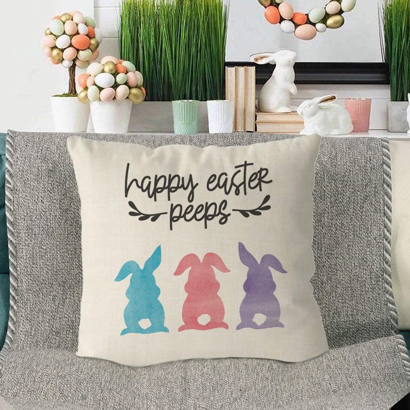 Photo 1 of Happy Easter Pillow Covers 18x18 Inch - Cute Bunny Rabbit Throw Pillowcase - 