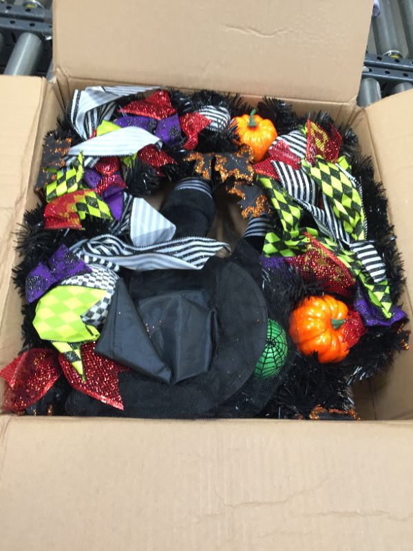 Photo 1 of FLASH WORLD 20 Inch Witch Halloween Wreath,Hat Legs Pumpkin Door Decorations, Artificial Handmade Wreath