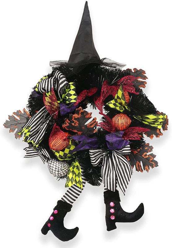 Photo 1 of FLASH WORLD 20 Inch Witch Halloween Wreath,Hat Legs Pumpkin Door Decorations, Artificial Handmade Wreath