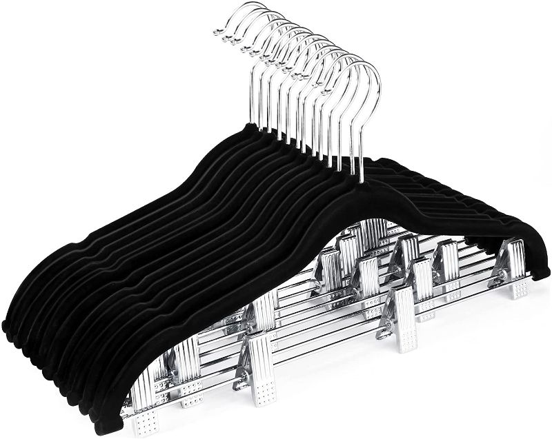 Photo 1 of Cozymood Velvet Skirt Hangers 24 Packs Velvet Hangers with Clips Ultra Thin Non Slip Velvet Pants Hangers Space Saving Clothes Hanger (Black)
