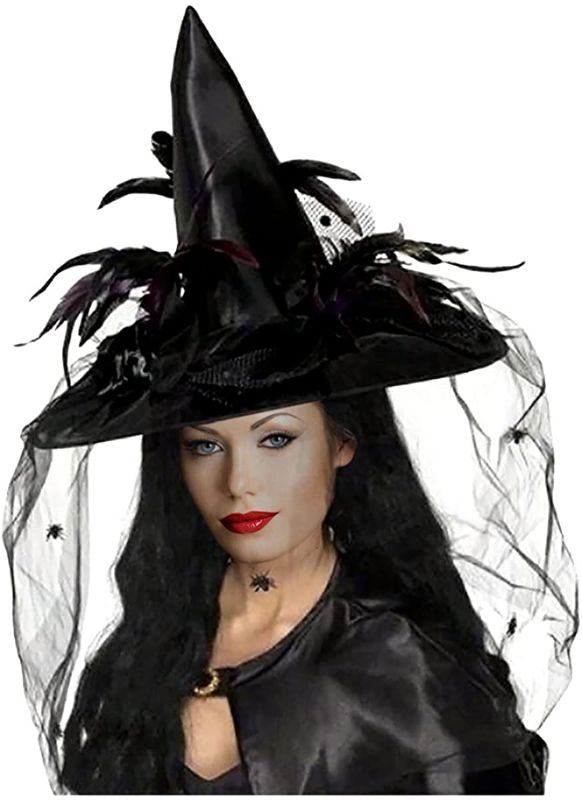 Photo 1 of Goetland Women Deluxe Witch Hat Halloween Costume Sharp Pointed with Veils Spiders Feathers for Party Carnival
