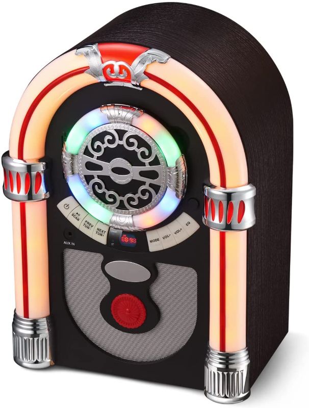 Photo 1 of UEME Retro Tabletop Jukebox with Bluetooth, FM Radio, AUX-in Port and Color Changing LED Lights
