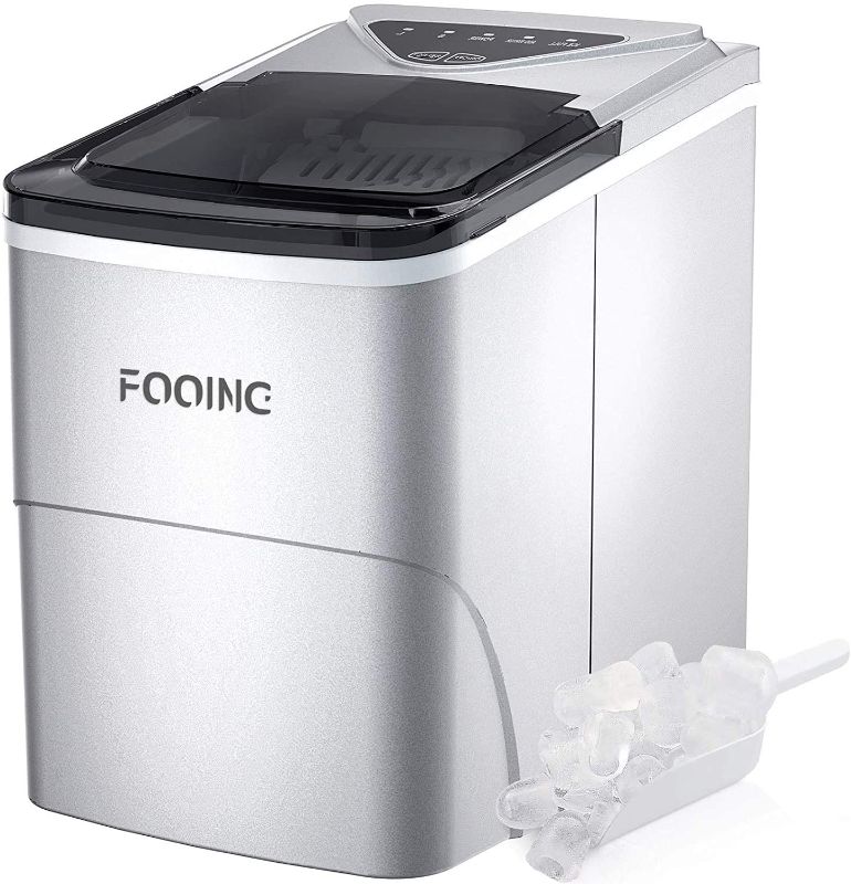 Photo 1 of FOOING Ice Maker Countertop, Self-Cleaning Function, 26lbs 24Hrs, 9 Cubes Ready in 7mins with LED Display for Parties Mixed, Portable Ice Cube Maker with Ice Scoop and Basket (Silver)
