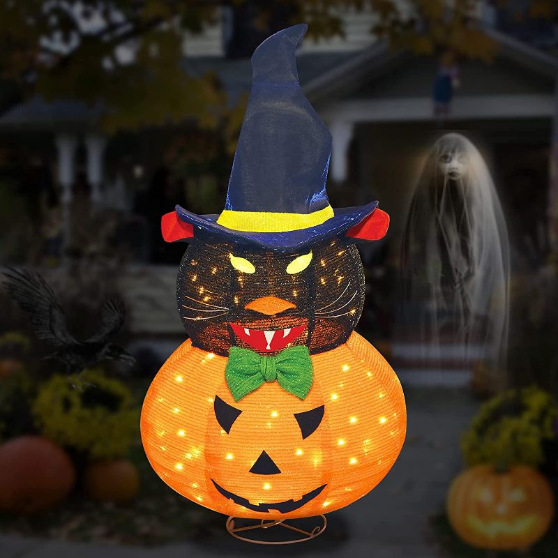 Photo 1 of FLAGLY Lighted Halloween Decoration Pre-lit Light Up Black Cat and Jack O Lantern Pumpkin Witch Hat Collapsible Waterproof Holiday Decor for Home Indoor Outdoor, Party Lawn Garden Patio Yard Pathway
