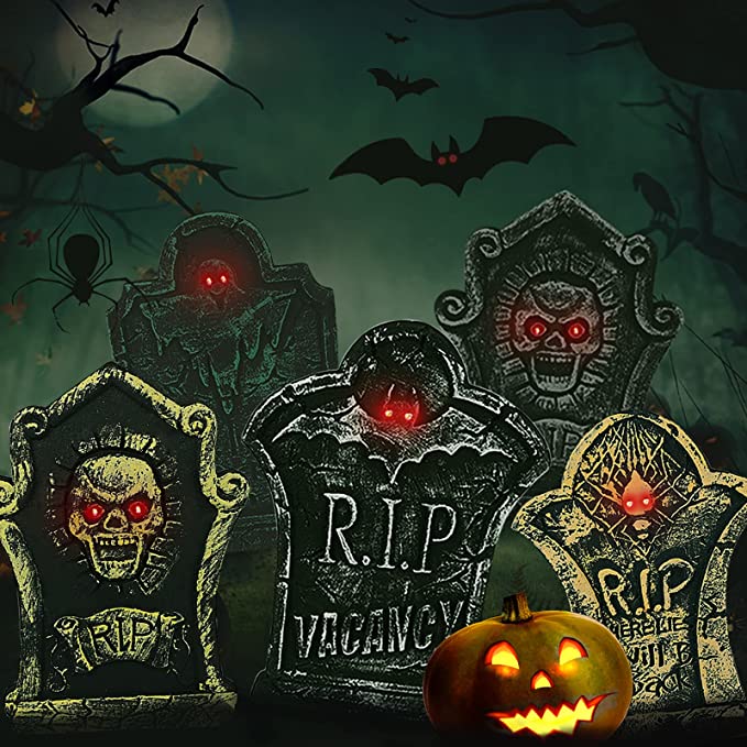 Photo 1 of 2--Kidtion Halloween Foam Tombstones 5 PCS, Halloween Yard Decorations, Lightweight Halloween Lawn Decorations with Large Sizes & Diverse Styles, Lifelike Halloween Graveyard Decorations with LED Lights
