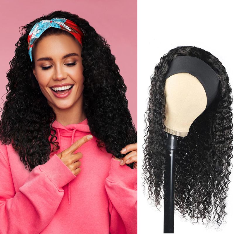 Photo 1 of FUNFLOWERS Curly Headband Wigs Natural Black Water Wave Wigs with Adjustable Head Wrap for Women, Thick Long Wig 150% Density Machine Made No Glue No Lace-24 Inchs
