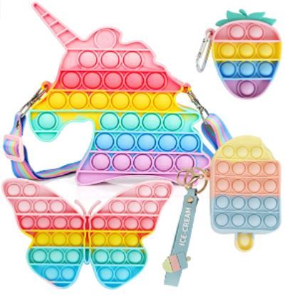 Photo 1 of Artifactz Pop It Fidget Toys - Pop Its Fidgets Toy Pack - Including 4 Sensory Toys - Pop It Unicorn Purse - Ice Cream Coin Purse - Butterfly Toy - Strawberry Keychain,Pink, Yellow, Blue, Green
