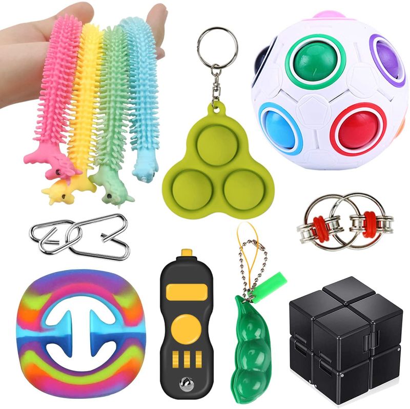 Photo 1 of 12 Pack Fidget Toy Set, Include Fidget Suction Dimple Po Bubbles Infinity Cube Rainbow Puzzle Ball Fidget Pad Flippy Chain Marble Toy Stress Reducer for Autism Stress and Anxiety Relief
