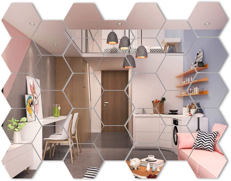 Photo 1 of AQRICHFOX 36 Pieces Mirror Hexagon Wall Stickers Removable Acrylic Wall Decals for Home Living Room Bedroom Decoration Silver