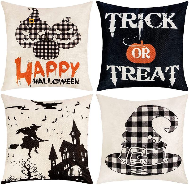 Photo 1 of Halloween Pillow Covers 18x18, Set of 4 Outdoor Halloween Throw Pillow Covers Buffalo Plaid Linen Halloween Home Decor Pillowcase for Couch Sofa Home Decoration