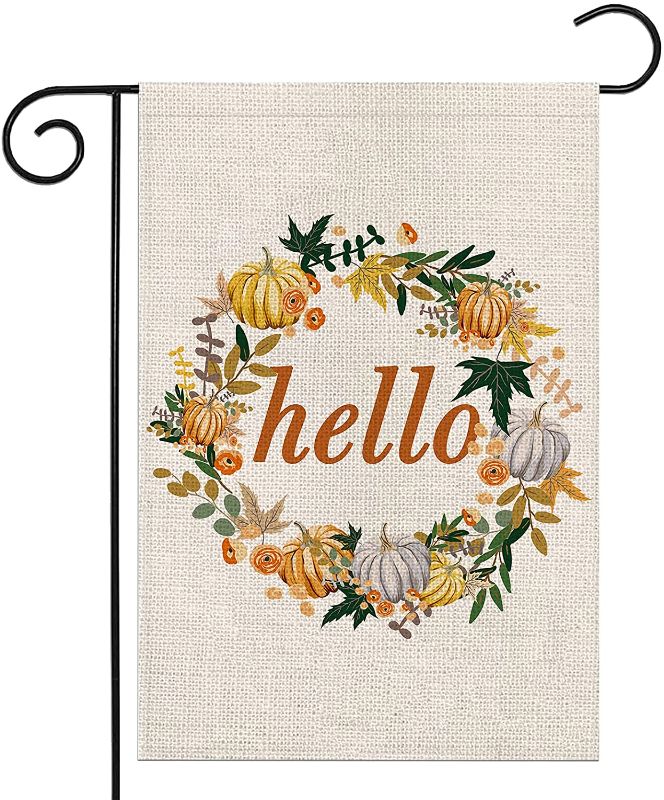 Photo 1 of 2 PACK - Hello Fall Garden Flag 12x18 Double Sided, Farmhouse Thanksgiving Flag with Pumpkin Maple Leaves Wreath, Seasonal Thanksgiving Garden Flag for Autumn Harvest Yard Outdoor Decor