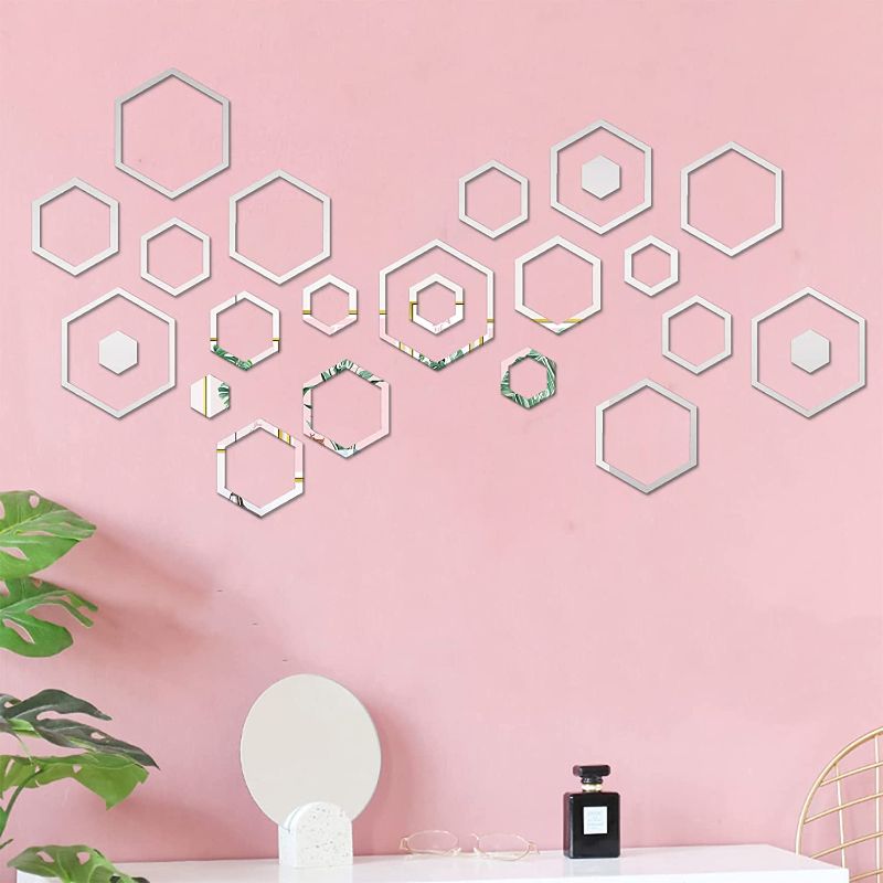 Photo 1 of 24pcs Mirror Wall Stickers, Hexagon Mirror Acrylic Mirror Wall Stickers for Living Room Wall Decor, Hexagon Mirror Tiles for Wall Mirrors Decorative (Sliver)