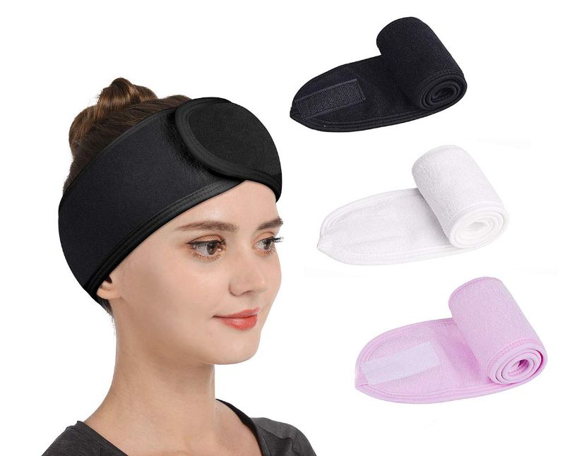 Photo 1 of 2 PACK - Gnafihz Facial Spa Headband - 3 Pcs Makeup Shower Bath Hair Wrap Sport Headband Adjustable Stretch Sweat Headband with Magic Tape,Fits All