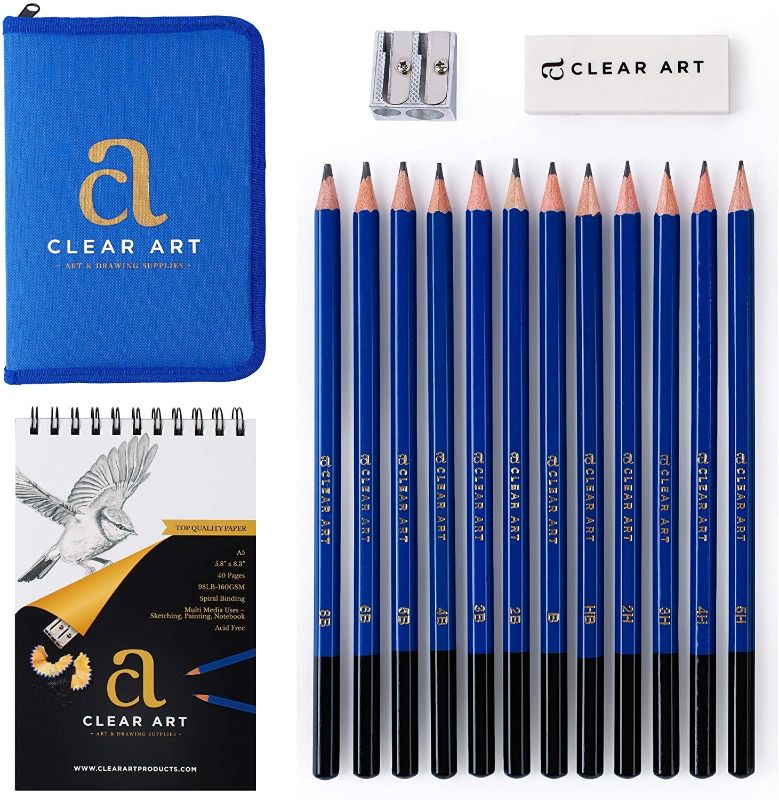 Photo 1 of Drawing Kit - Drawing Pencils - Sketch Pencils - 16 Piece Sketch Kit with Blue Case – 40 Page A5 Sketch Pad - Graphite Pencils - Eraser - Sharpener - Drawing Tools – Original eBook
