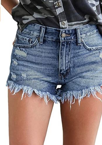Photo 1 of LUYEESS Women's High Rise Frayed Jean Shorts Distressed Raw Hem Ripped Destroyed Denim Shorts - LARGE 
