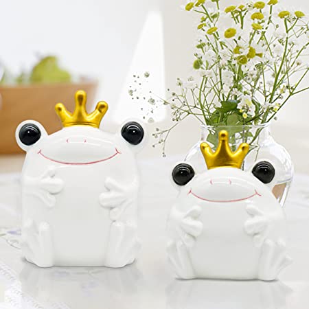 Photo 1 of 2Pcs Frog Decor Ceramic Statue, Cute Frogs Figurine Set with LED, Bedroom Furniture Desktop Mantel Festival Decor(White)