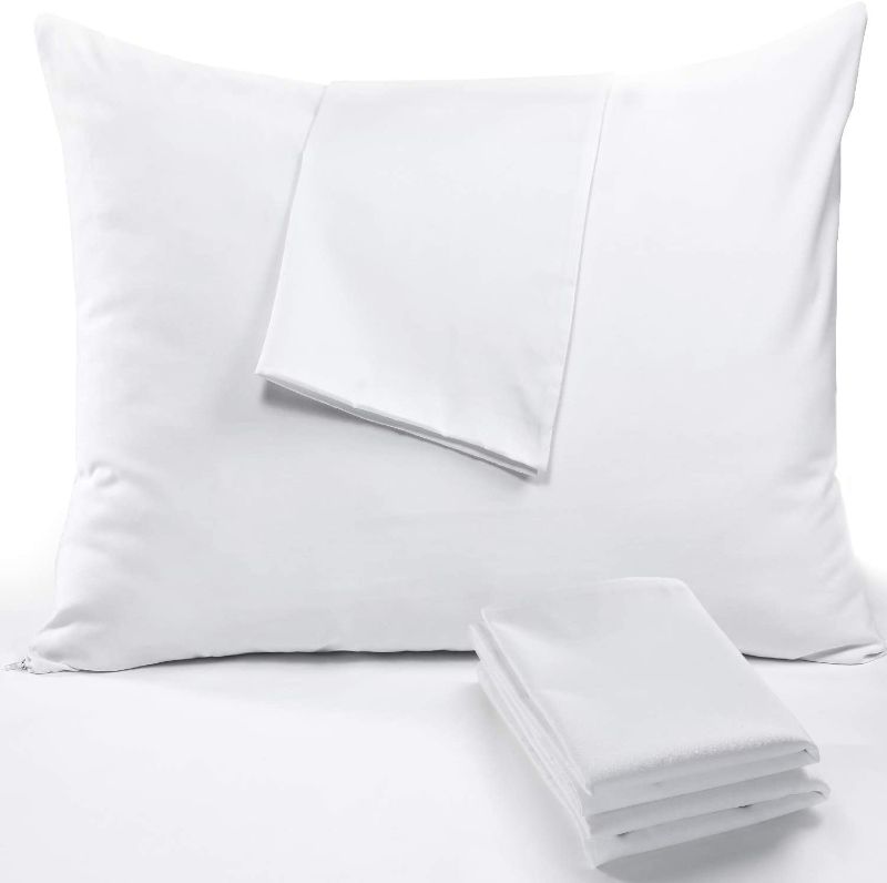 Photo 1 of 100% Cotton Anti Allergy 4 Pack Pillow Protectors Standard 20x26 Inches 3-4 Micron Pore Size Life Time Replacement Feather Proof Premium Tight Weave Cases Covers Zippered Breathable Non Noisy