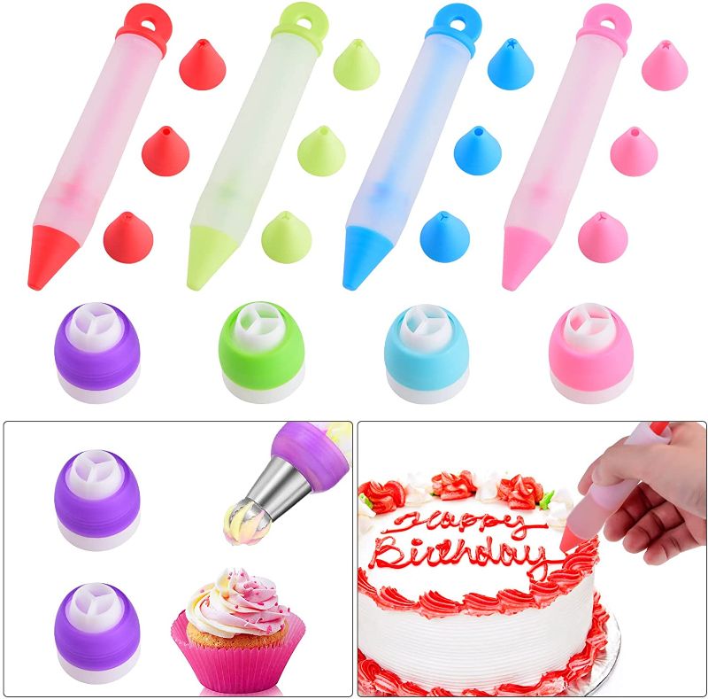 Photo 1 of 8Pcs Cake Cookie Decorating Supplies-4Pcs Silicone Food Writing Pen and 4PCS Plastic Three-Color Couplers -Cake Decorating Kits for Cake Icing, Baking and DIY