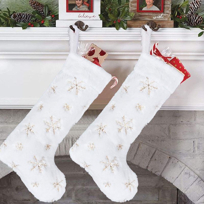 Photo 1 of Arnech Christmas Stockings, 2 Pcs 18 inches Large Snowy Luxury Hanging White Faux Fur Christmas Stocking for Family Holiday Party Christmas Fireplace Decorations (White/Gold)