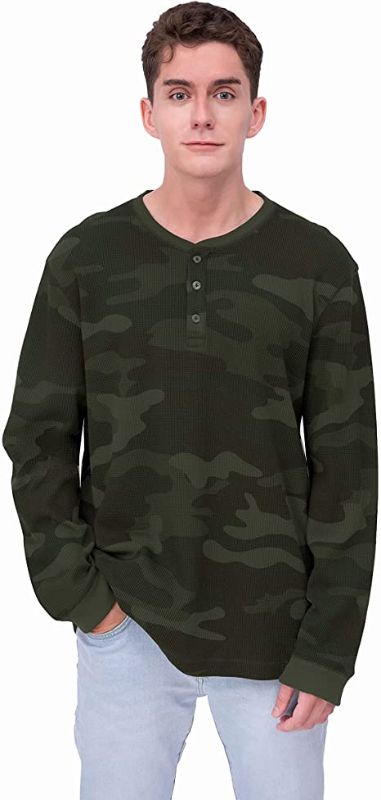 Photo 1 of ONLEE Men's Henley Cotton Casual Long Sleeve T-Shirts, Lightweight Textured Waffle Fabric Breathable Layered Shirts, Forest Night Owl, 2XL