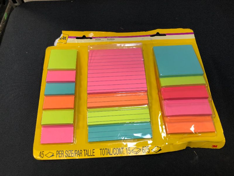 Photo 2 of Post-it Super Sticky Notes, Assorted Sizes, 15 Pads, 2x the Sticking Power, Miami Collection, Neon Colors (Orange, Pink, Blue, Green), Recyclable (4423-15SSMIA)
